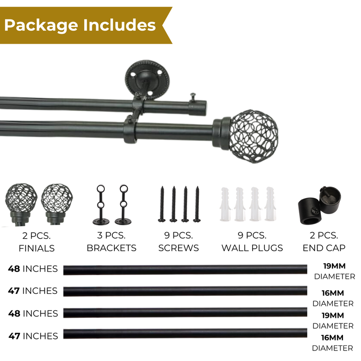 Black Extendable Double Curtain Pole With Decorative Cage Style Ball Finials