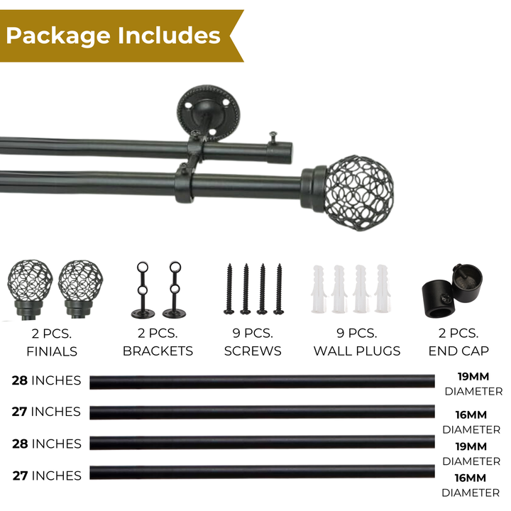 Black Extendable Double Curtain Pole With Decorative Cage Style Ball Finials