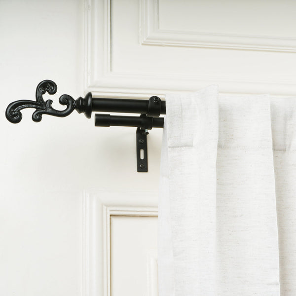 Black Extendable Double Curtain Pole | Ornate Finials | 28 to 144 Inch | Strong & Durable