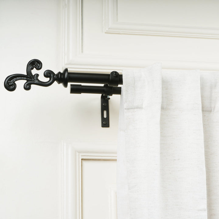 Black Extendable Double Curtain Pole | Ornate Finials | 28 to 144 Inch | Strong & Durable