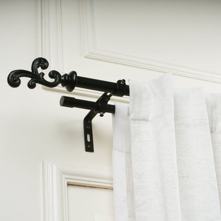 Black Extendable Double Curtain Pole | Ornate Finials | 28 to 144 Inch | Strong & Durable