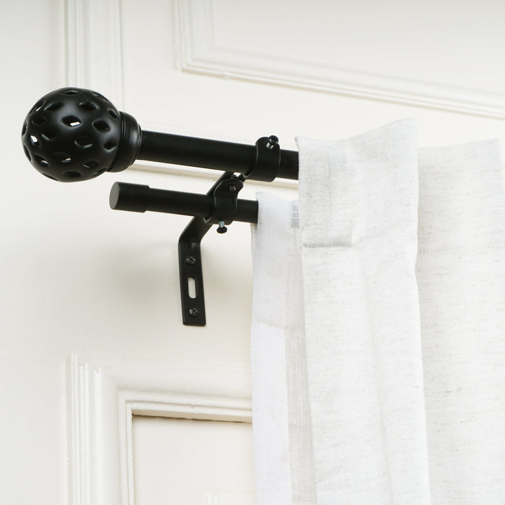 Double Curtain Pole | Black | Extendable & Adjustable | 28-144 Inch | Geometric Ball Finials