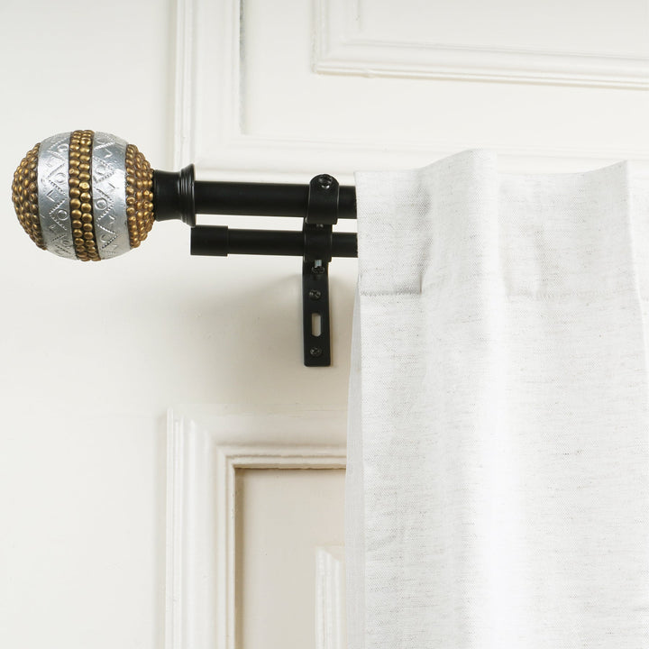 Double Curtain Pole | Black | Extendable | Beaded Ball Finials | 28-144 Inch