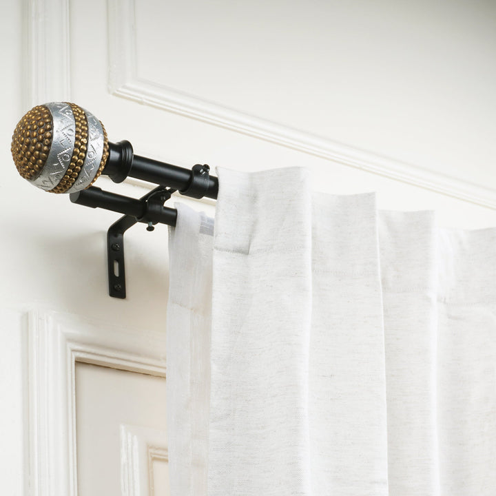 Double Curtain Pole | Black | Extendable | Beaded Ball Finials | 28-144 Inch