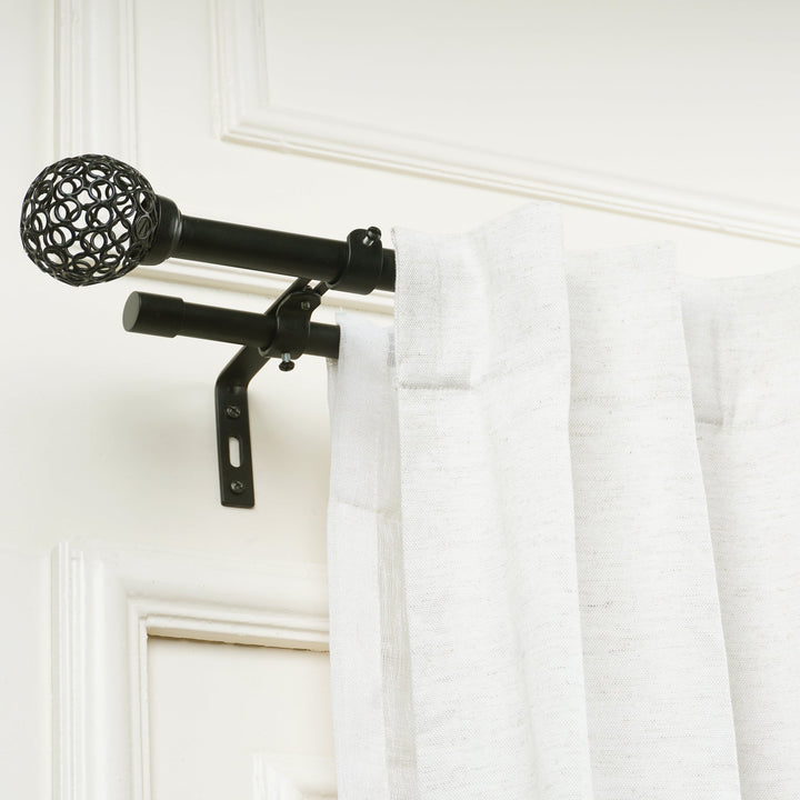 Black Extendable Double Curtain Pole With Decorative Cage Style Ball Finials