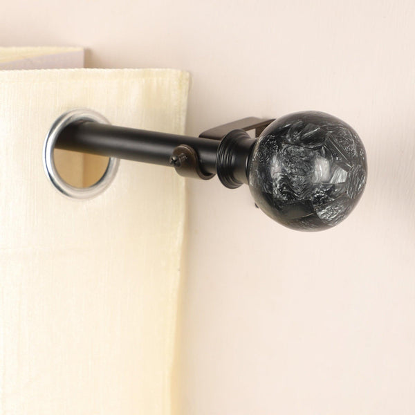 Black Extendable Telescopic Curtain Pole | Rod With Marbled Ball Finials | 61-366cm