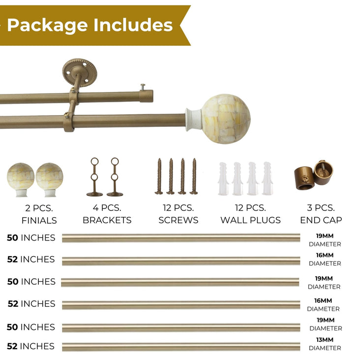 Double Curtain Pole | Antique Brass | Extendable & Adjustable | 28-144 Inch | Mother of Pearl Finials
