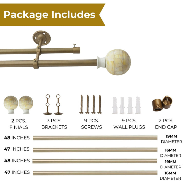 Double Curtain Pole | Antique Brass | Extendable & Adjustable | 28-144 Inch | Mother of Pearl Finials