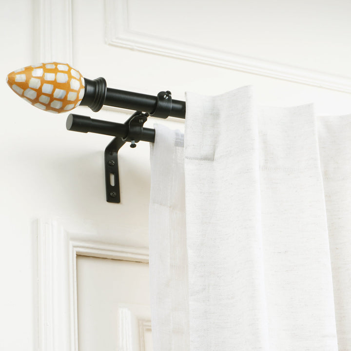 Black Double Curtain Pole Set with Ceramic Corn Cob Finials - Extendable, Telescopic, Rustproof - 71-122cm, 122-224cm, 213-366cm