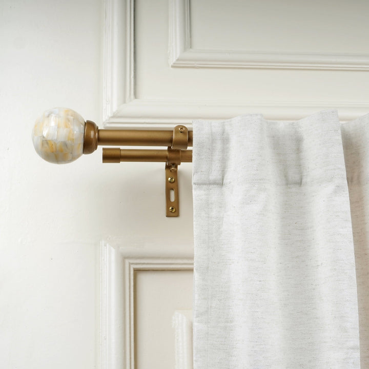 Double Curtain Pole | Antique Brass | Extendable & Adjustable | 28-144 Inch | Mother of Pearl Finials
