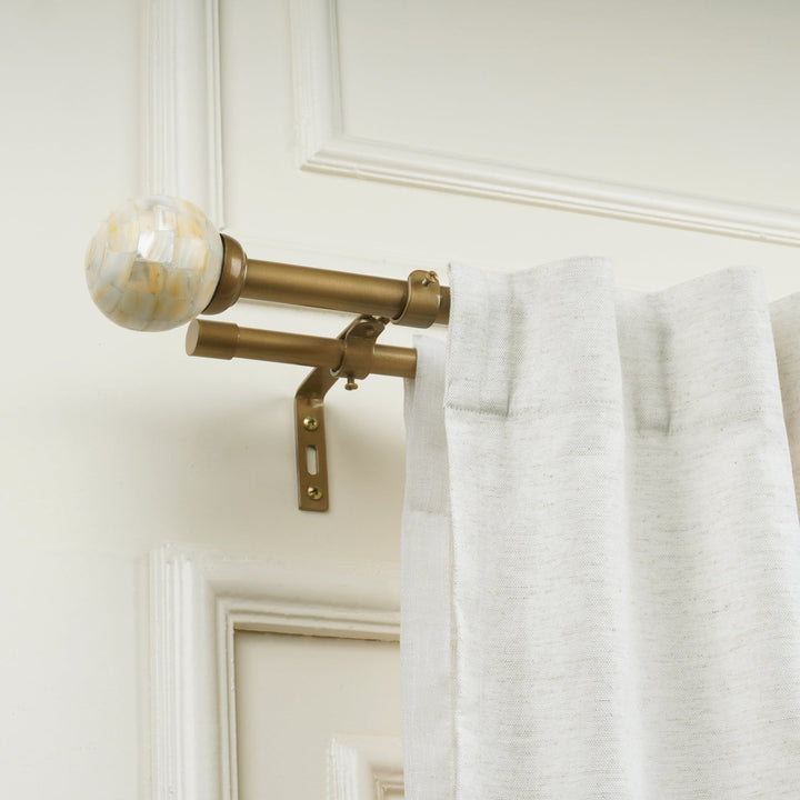 Double Curtain Pole | Antique Brass | Extendable & Adjustable | 28-144 Inch | Mother of Pearl Finials