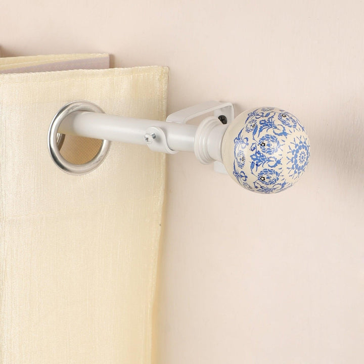 White Extendable Curtain Pole | Blue & White Ceramic Finials | 61-366cm