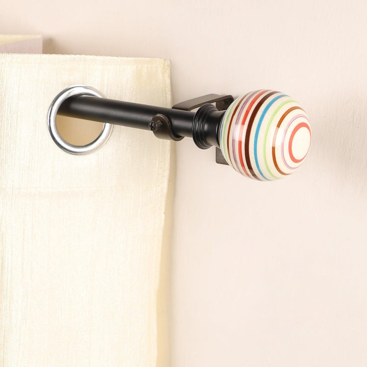 Black Extendable Telescopic Curtain Pole | Rod With Colorful Striped Finials | 61-366cm