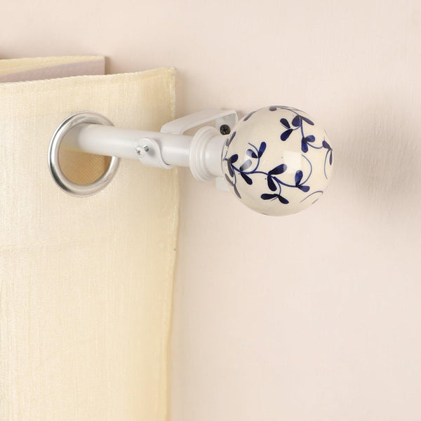 White Extendable Telescopic Curtain Pole | Blue Ceramic Floral Finials | 61-366cm