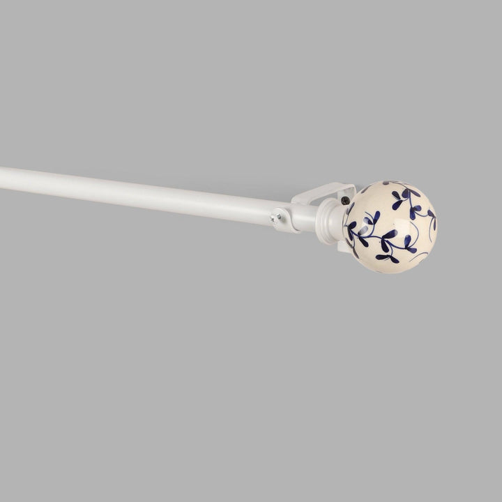 White Extendable Telescopic Curtain Pole | Blue Ceramic Floral Finials | 61-366cm
