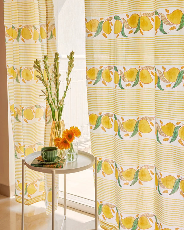 Yellow & Green Hand Block Printed Linen Curtains | Mango & Stripe Design