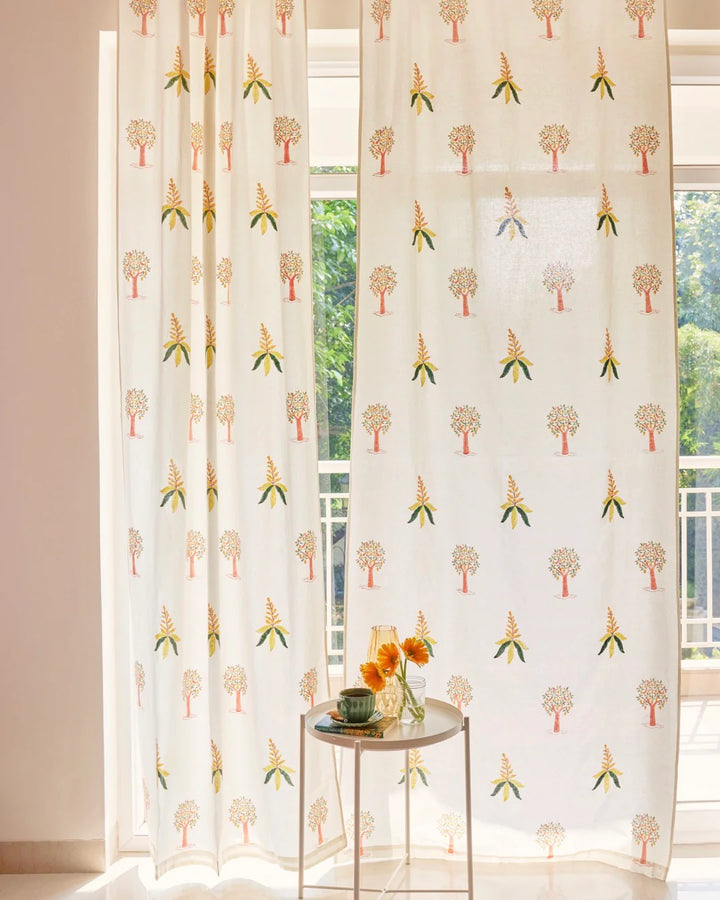 White & Yellow Hand Block Printed Linen Curtains | Mango Tree Design