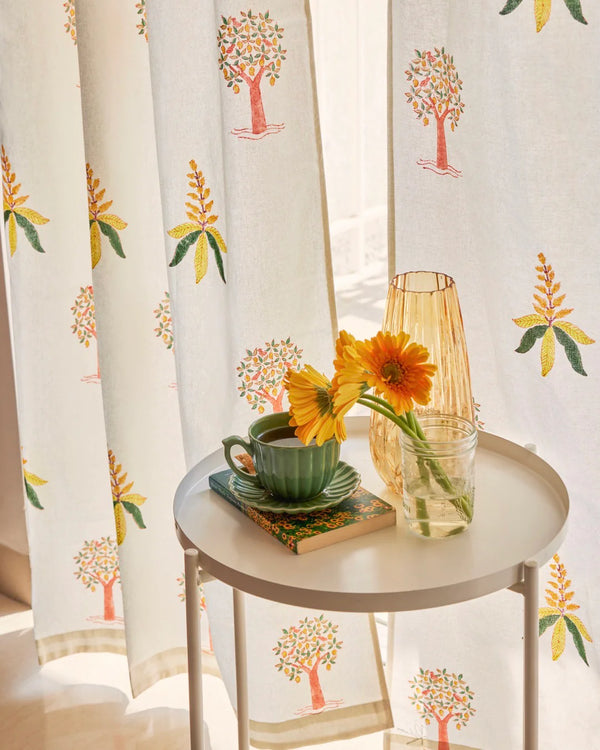 White & Yellow Hand Block Printed Linen Curtains | Mango Tree Design