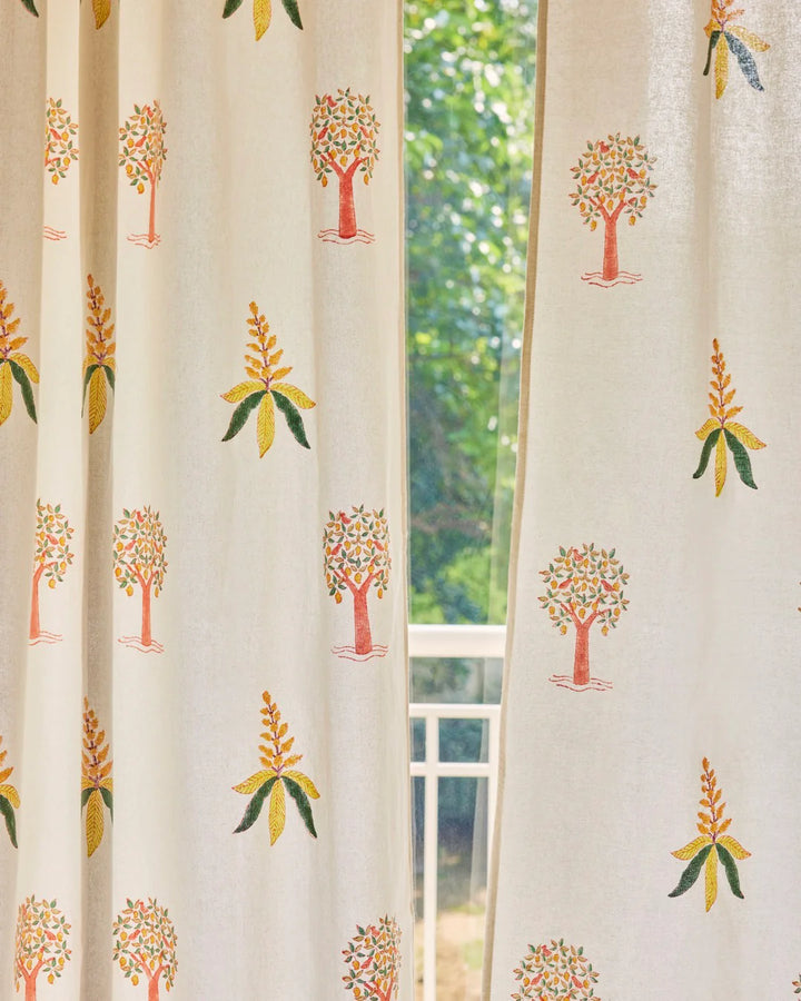 White & Yellow Hand Block Printed Linen Curtains | Mango Tree Design