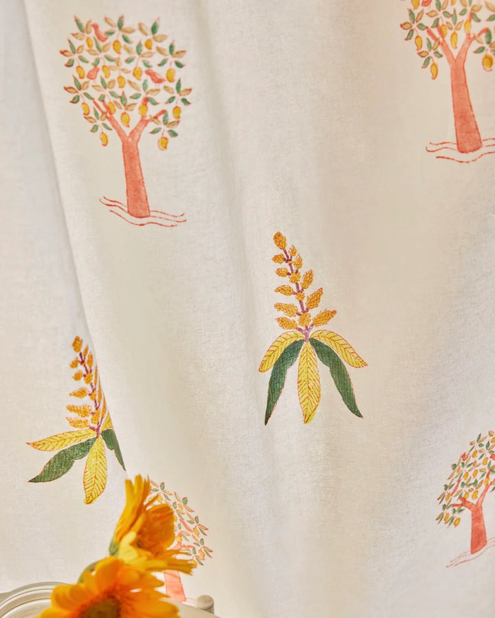 White & Yellow Hand Block Printed Linen Curtains | Mango Tree Design