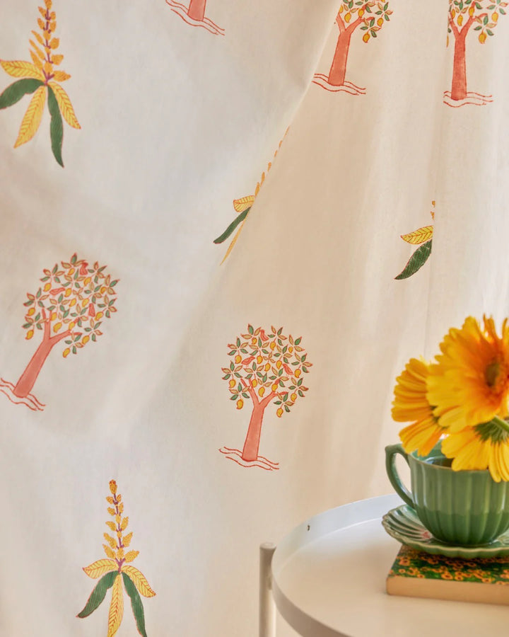 White & Yellow Hand Block Printed Linen Curtains | Mango Tree Design
