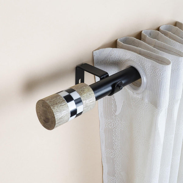 Black Extendable Curtain Pole | Chess Board Patterned Wooden Finials | 61-366cm