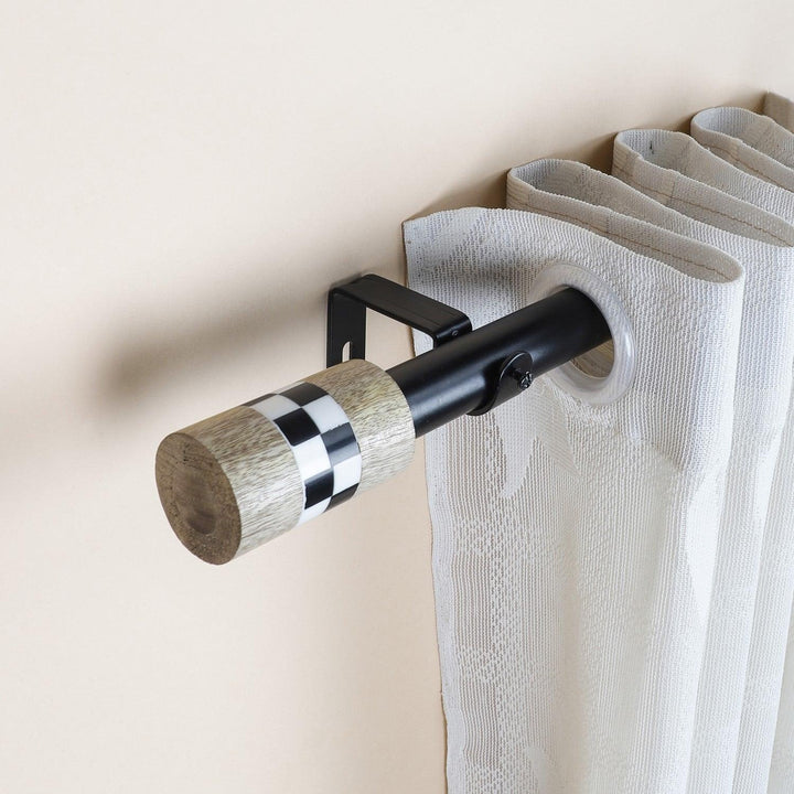 Black Extendable Curtain Pole | Chess Board Patterned Wooden Finials | 61-366cm
