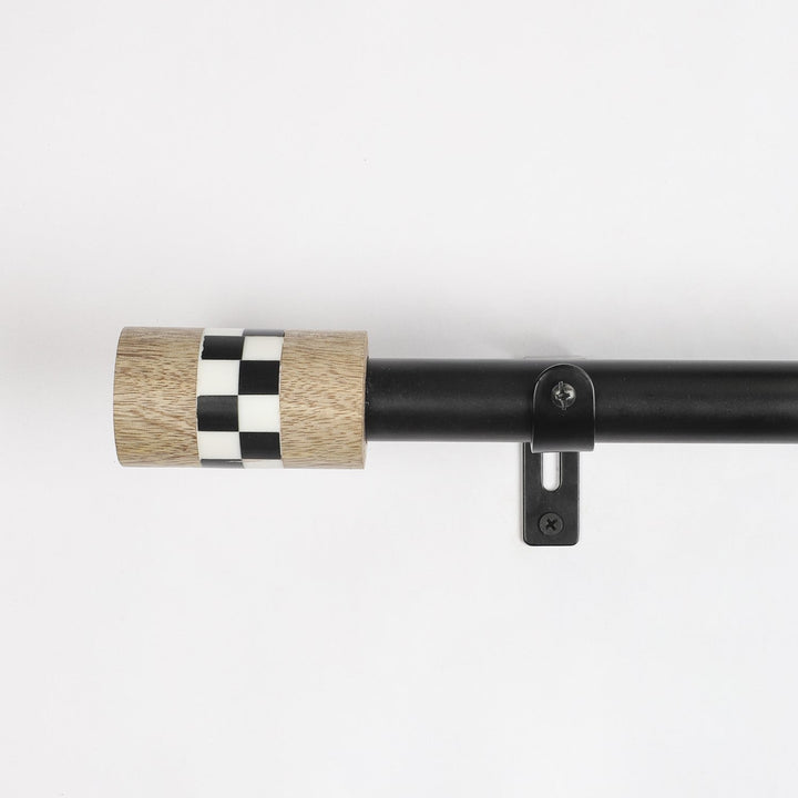 Black Extendable Curtain Pole | Chess Board Patterned Wooden Finials | 61-366cm