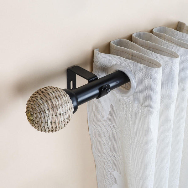 Black Extendable Curtain Pole | 19mm | Wicker Finials | 61-366cm