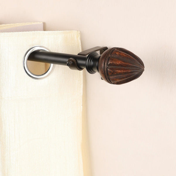 Black Extendable Curtain Pole | Ribbed Wooden Finials | 61-366cm