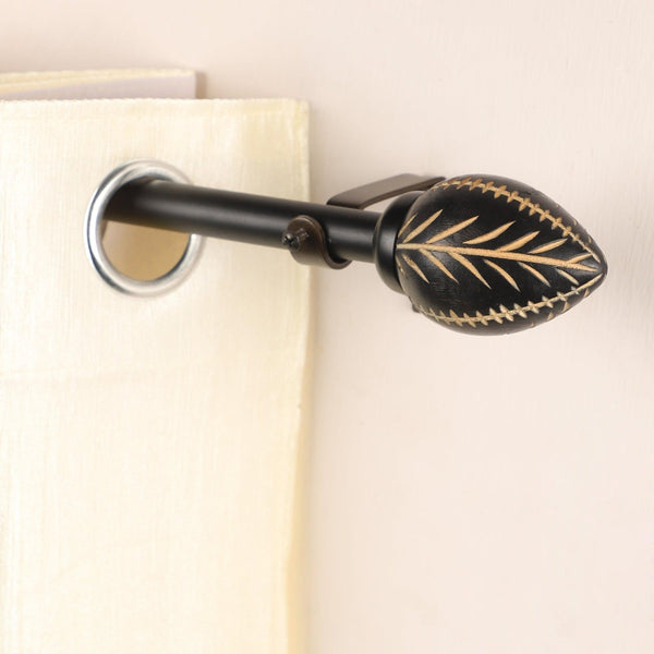 Black Extendable Telescopic Curtain Pole | Wooden Leaf Finials | 61-366cm