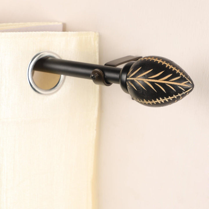 Black Extendable Telescopic Curtain Pole | Wooden Leaf Finials | 61-366cm