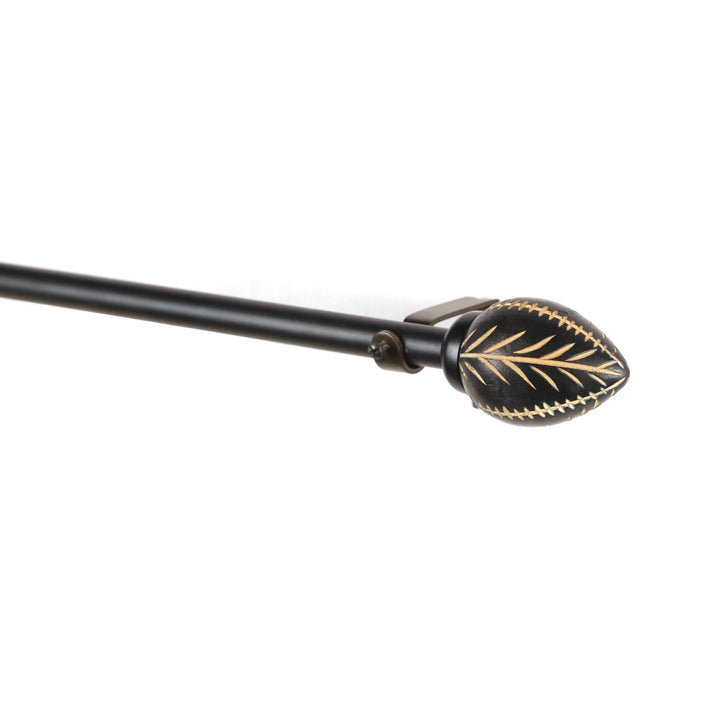 Black Extendable Telescopic Curtain Pole | Wooden Leaf Finials | 61-366cm
