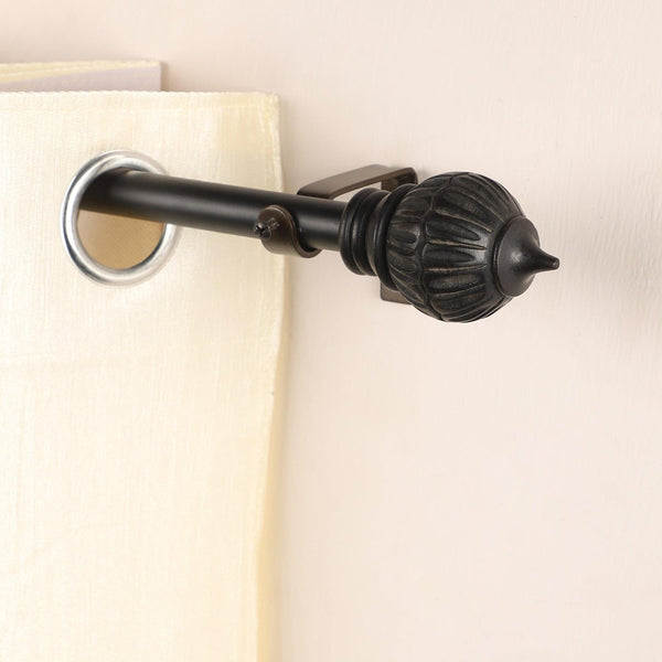Black Extendable Curtain Pole | Carved Wooden Finials | 61-366cm