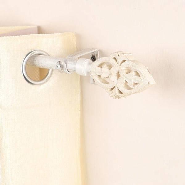 White Extendable Curtain Pole | Ornate Floral Finials | 25mm Thick | 61-366cm