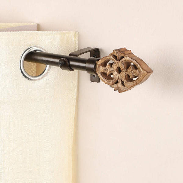 Black Extendable Curtain Pole | Ornate Wooden Finials | 61-366cm