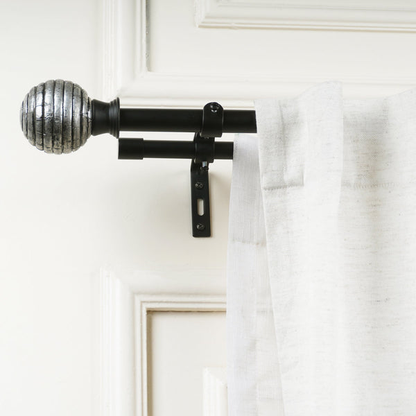 Black Double Curtain Pole Set with Twist Ball Finials - Extendable, Telescopic, Rustproof - 71-122cm, 122-224cm, 213-366cm