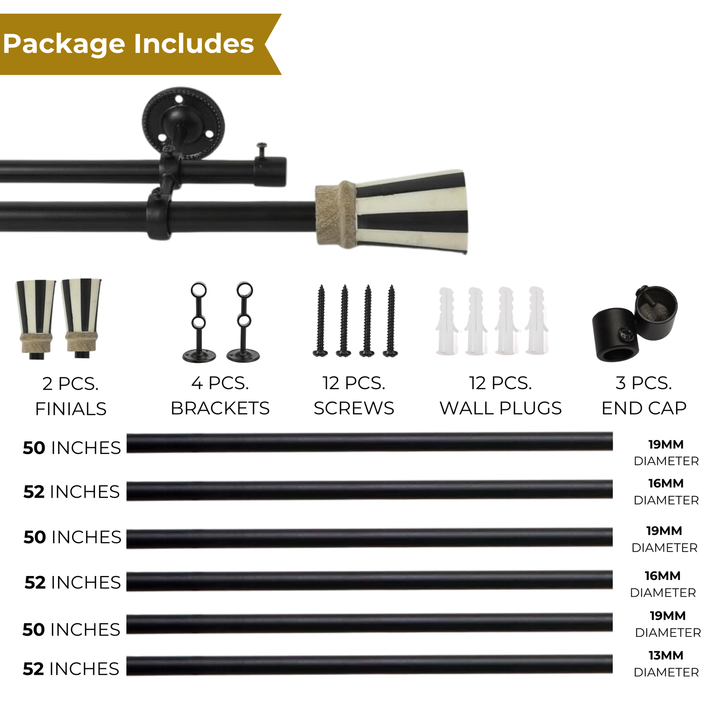 Double Curtain Pole | Black & White | Extendable & Adjustable | 28-144 Inch | Includes Striped Finials