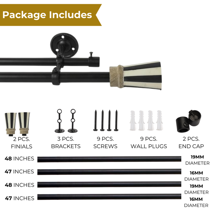 Double Curtain Pole | Black & White | Extendable & Adjustable | 28-144 Inch | Includes Striped Finials