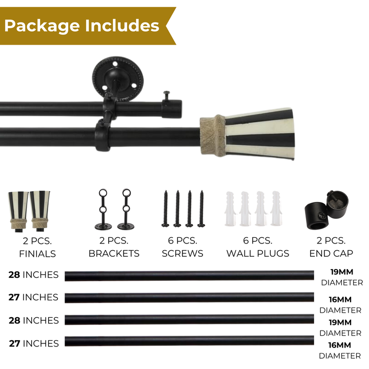 Double Curtain Pole | Black & White | Extendable & Adjustable | 28-144 Inch | Includes Striped Finials