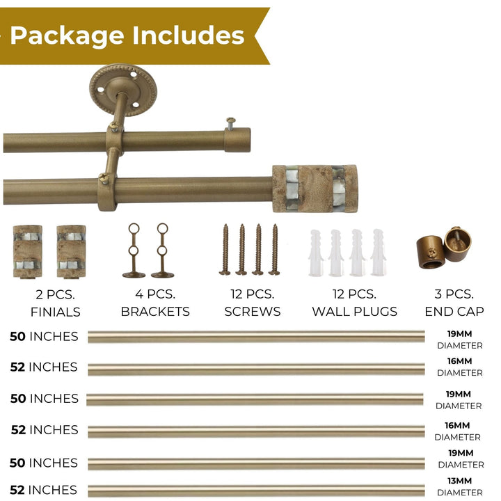 Gold Double Curtain Pole | Extendable & Adjustable | Wooden Cylindrical Finials | 28-144 Inch