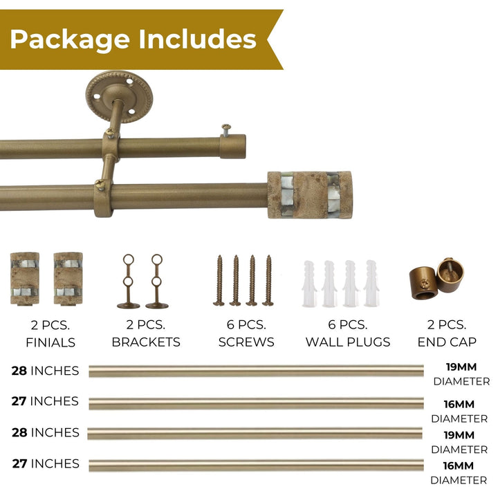 Gold Double Curtain Pole | Extendable & Adjustable | Wooden Cylindrical Finials | 28-144 Inch