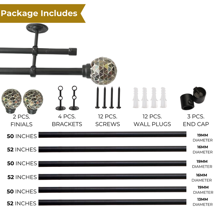 Double Curtain Pole | Extendable & Adjustable | 28-144 Inch | Glass Ball Finials | Black