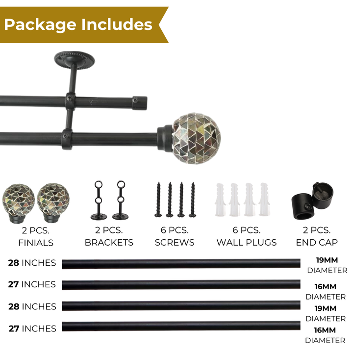 Double Curtain Pole | Extendable & Adjustable | 28-144 Inch | Glass Ball Finials | Black