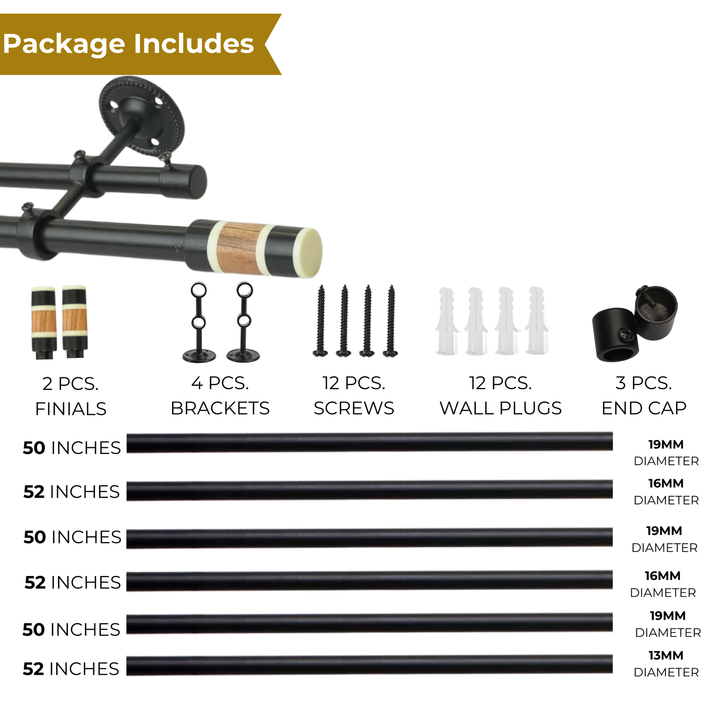 Double Curtain Pole | Black | Extendable & Adjustable | 28-144 Inch | Modern Cylindrical Finials