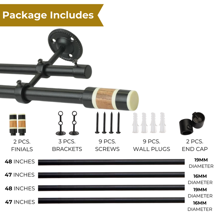 Double Curtain Pole | Black | Extendable & Adjustable | 28-144 Inch | Modern Cylindrical Finials
