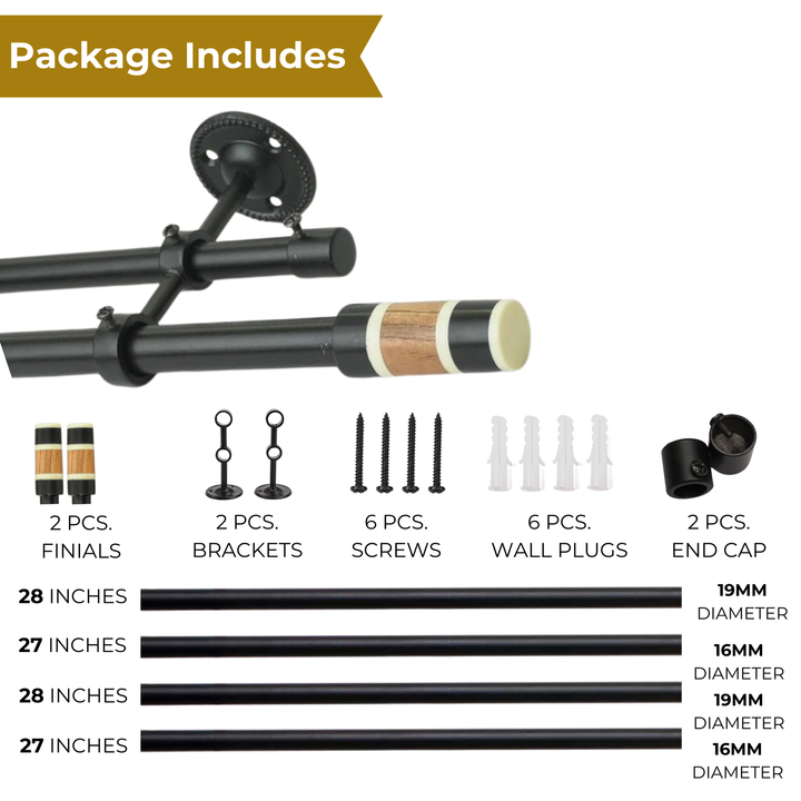 Double Curtain Pole | Black | Extendable & Adjustable | 28-144 Inch | Modern Cylindrical Finials