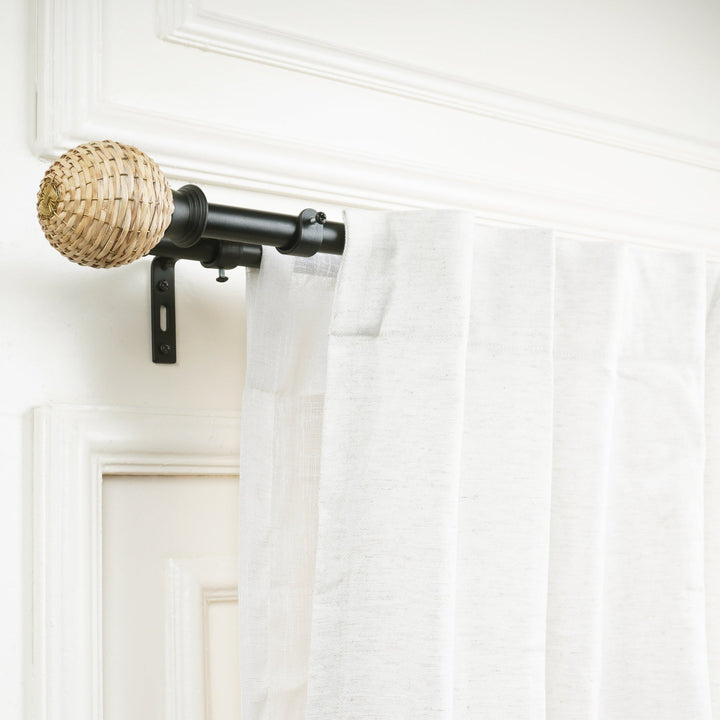 Black Double Curtain Pole with Wicker Ball Finials | Extendable & Adjustable | 28-144 Inch