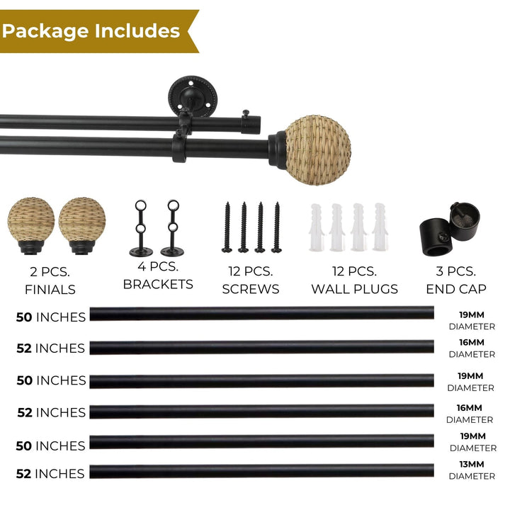 Black Double Curtain Pole with Wicker Ball Finials | Extendable & Adjustable | 28-144 Inch