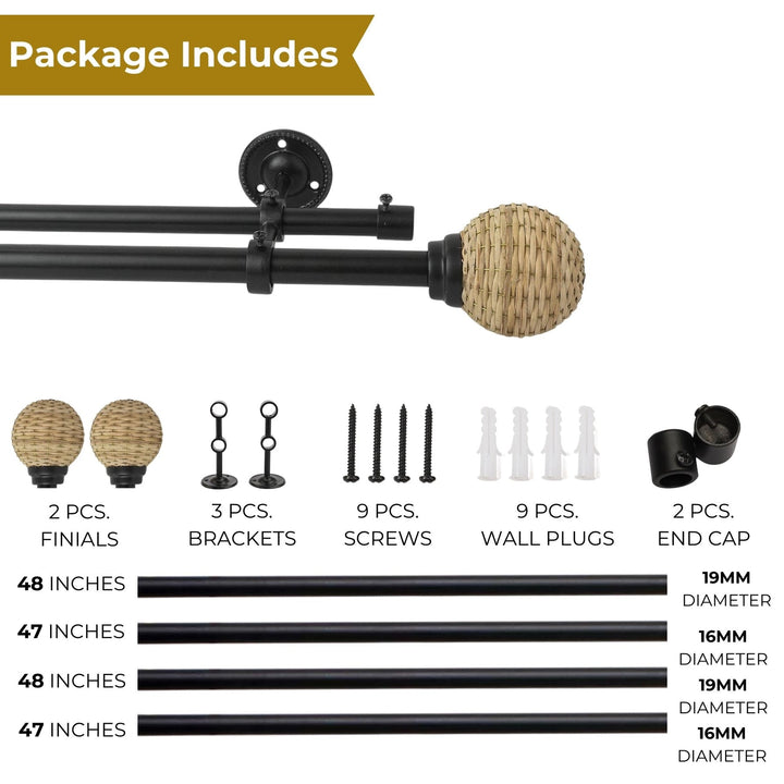 Black Double Curtain Pole with Wicker Ball Finials | Extendable & Adjustable | 28-144 Inch
